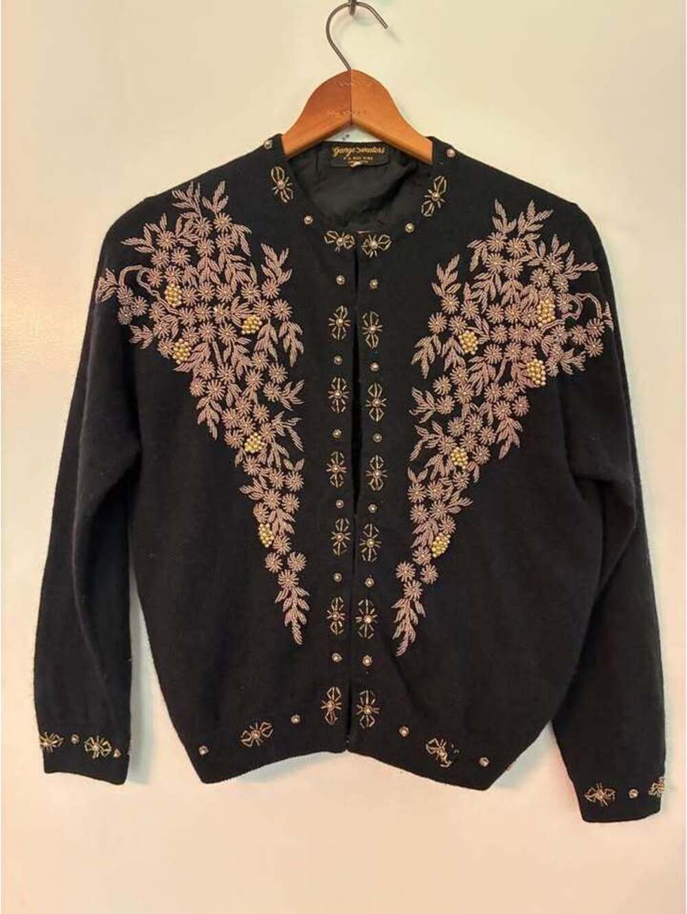 Vintage 80s George Sweaters Black Heavily Beaded Cardigan Size 38